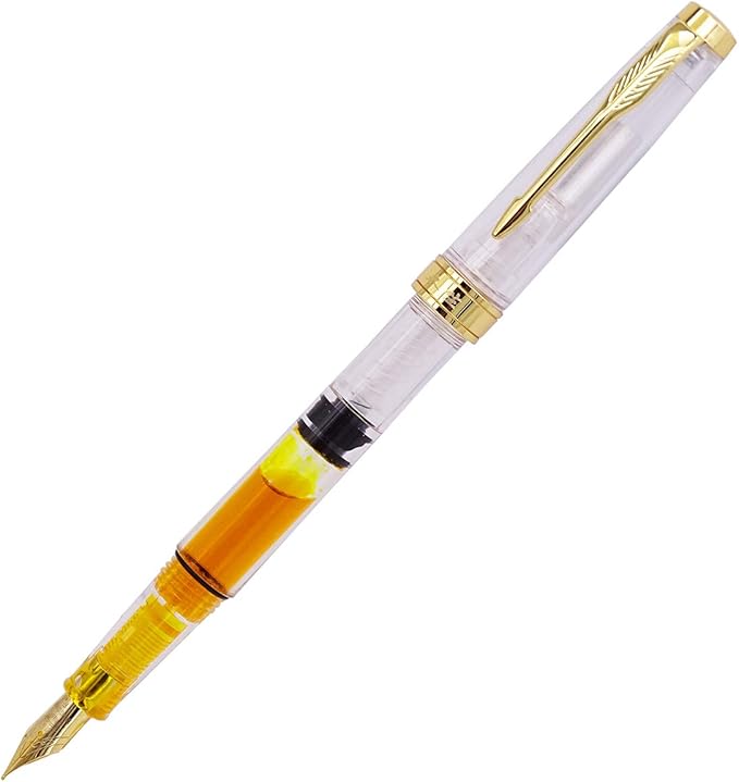 Lanxivi Yongsheng 3011 Demonstrator Clear Classical Fountain Pen Fine Nib Arrow Clip, Piston Filling System, Gold Trim, Set of 4 Pieces in transparent Color-DeskLoop Office