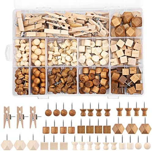 270 Pcs Wood Push Pins, 2 Colors and 7 Types Decorative Thumb Tacks Wooden Head Pin Marking Pin, Wood Thumb Tacks Decorative for Bulletin Boards Craft Projects with Storage Box-DeskLoop Office