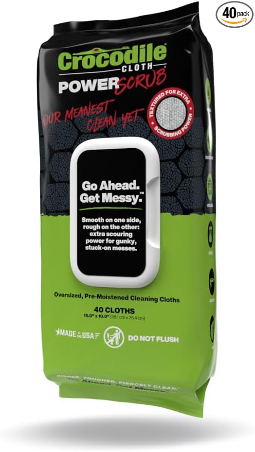 Crocodile Cloth Power Scrub - 40 (15" x 10") Heavy Duty Cleaning Wipes. Safe on Skin & Multiple Surfaces. Infused with Aloe & Vitamin E. Textured, Large, Pre-Moistened & Absorbent.-DeskLoop Office
