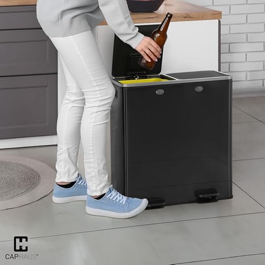 CAPHAUS Black Dual Trash Can w/Double Lid, Trash & Recycle Bins Combo, Hands-Free Stainless-Steel Garbage Can for Kitchen, with 2 Compartment, Hinged Lid, Odor Filters, Handles, 25L+25L, 2 x 6.6 Gal-DeskLoop Office