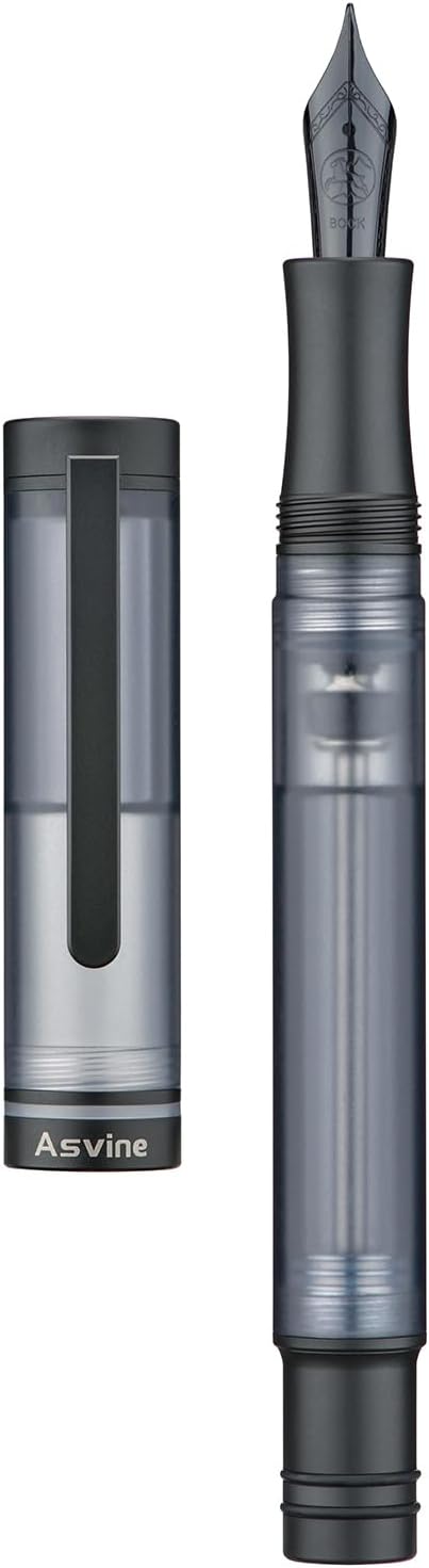 Asvine V200 Titanium Fountain Pen Vacuum Filling, Matte Black Bock Extra Fine Nib Clear Demonstrator Acrylic with Pen Case and Wrench-DeskLoop Office