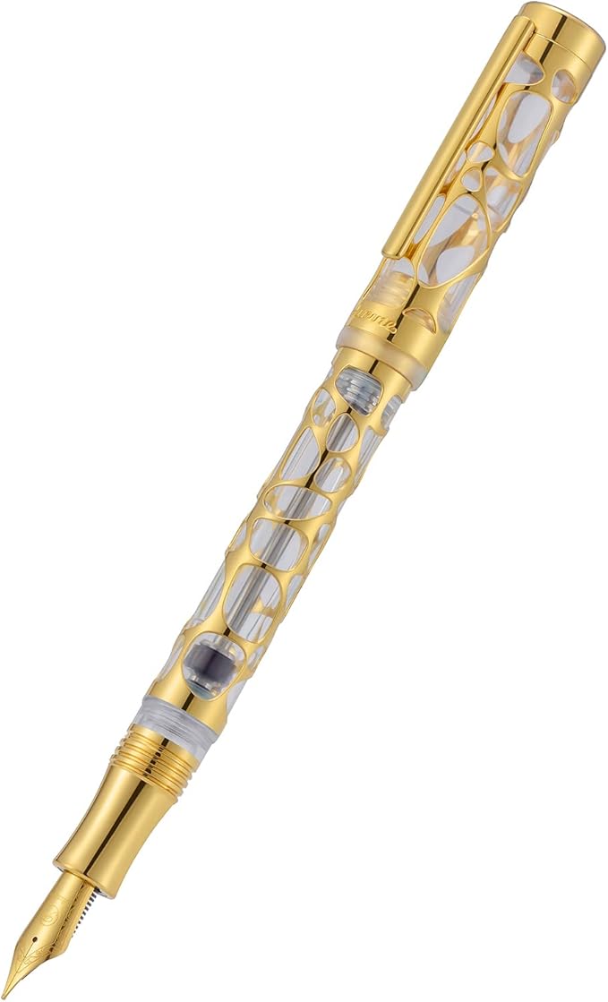 Asvine V169 Vacuum Filling Fountain Pen Fine Nib, Water Drop Skeleton Gold Trim Transparent Clear Acrylic Pen Case Set