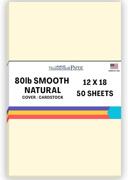 50 Natural Smooth Card Stock Sheets Paper - 12 X 18 Inches Large|Poster Size - 80# (80 lb/pound) Cover Weight - Quality Paper - Smooth Finish-DeskLoop Office