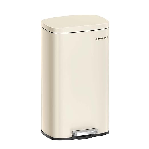SONGMICS Trash Can with Lid, 8 Gallon Garbage Can, Stainless Steel Small Waste Bin with Step Pedal and Inner Bucket, Soft Close, Kitchen, Sand Beige ULTB003A01-DeskLoop Office