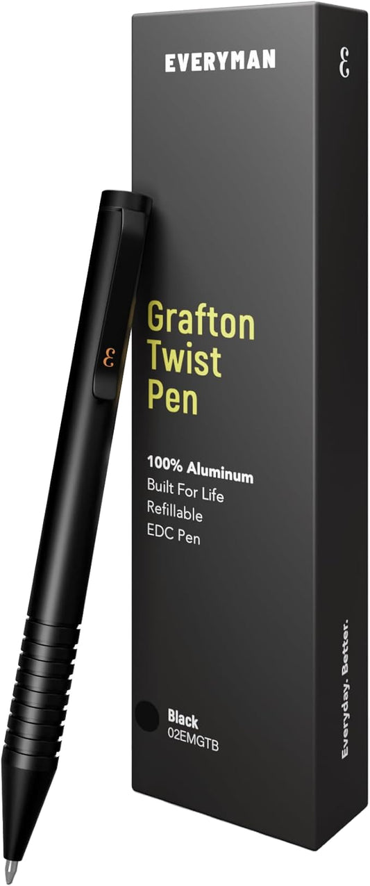 Everyman Grafton Mini Twist Refillable 0.7mm Ball Point Pen Black | Sleek Anodized Aluminum Pocket Pen with Grooved Grip | Smooth Writing EDC Ink Pen for Office, Travel, Work & Gifting-DeskLoop Office