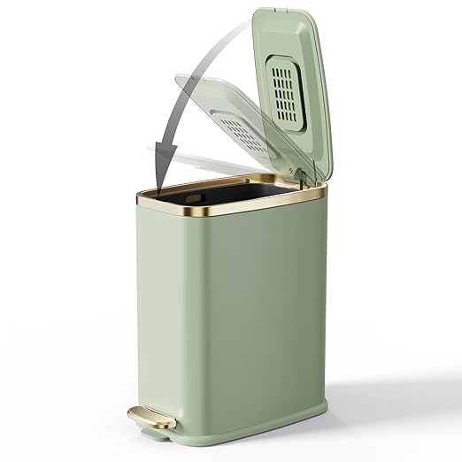 CEROELDA Small Bathroom Trash Can with Lid Soft Close-5L/1.3 Gal Slim Garbage Can-Metal Step Wastebasket-Rectangle Narrow Waste Bin for Office, Bedroom, Toilet, Live Room-Green-DeskLoop Office
