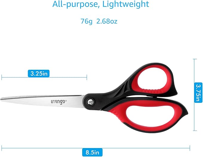 LIVINGO 8.5” Scissors All Purpose - Ultra Sharp Multipurpose 3 Pack Heavy duty Shears for Office, Home, School Sewing and Crafting Cutting Fabric, Paper, Red Comfort Grip-DeskLoop Office