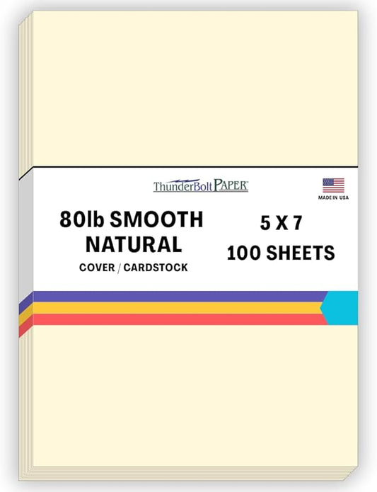 100 Natural Smooth Card Stock Sheets Paper - 5 X 7 Inches Photo Card Frame Size - 80# (80 lb/Pound) Cover Weight - Quality Paper - Smooth Finish-DeskLoop Office