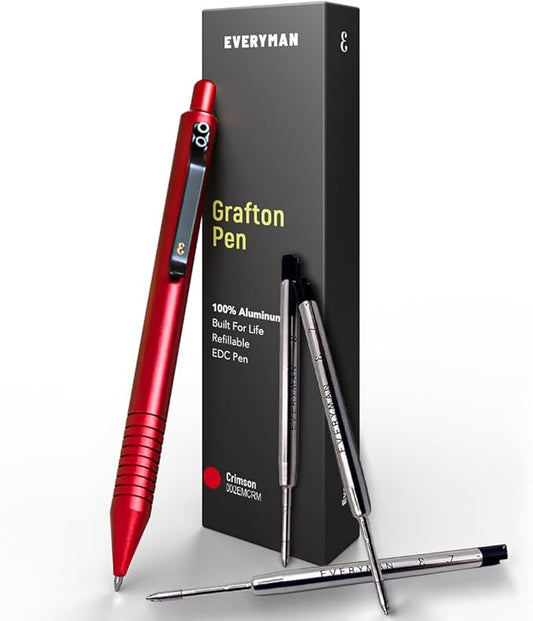 Everyman Grafton Gel Ink Pen Bundle, Crimson | Premium 0.7mm Refillable Metal Pen with Comfortable Grip + 3 Black Refills | Smooth Writing EDC Pen Set for Office, Travel, Gifts & Daily Use-DeskLoop Office