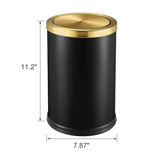Stainless Steel Gold Trash can with Flipping Lid 2.4gallon Fingerprint-Proof Garbage cans Wastebasket Bin for Kitchen bothroom Living Room (Black with Gold lid, 2.6 Gallon)-DeskLoop Office