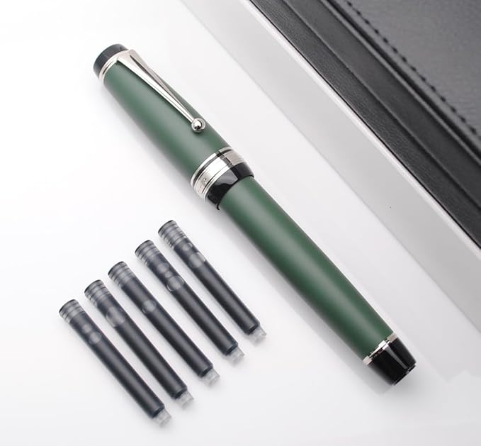 Metal Big Fountain Pen Set Medium Nib 0.7mm, Includes Ink Refill Converter, 5 Ink Cartridges & Gift Box (Medium Nib 0.7mm, Matte Green with Silvery Clip)-DeskLoop Office