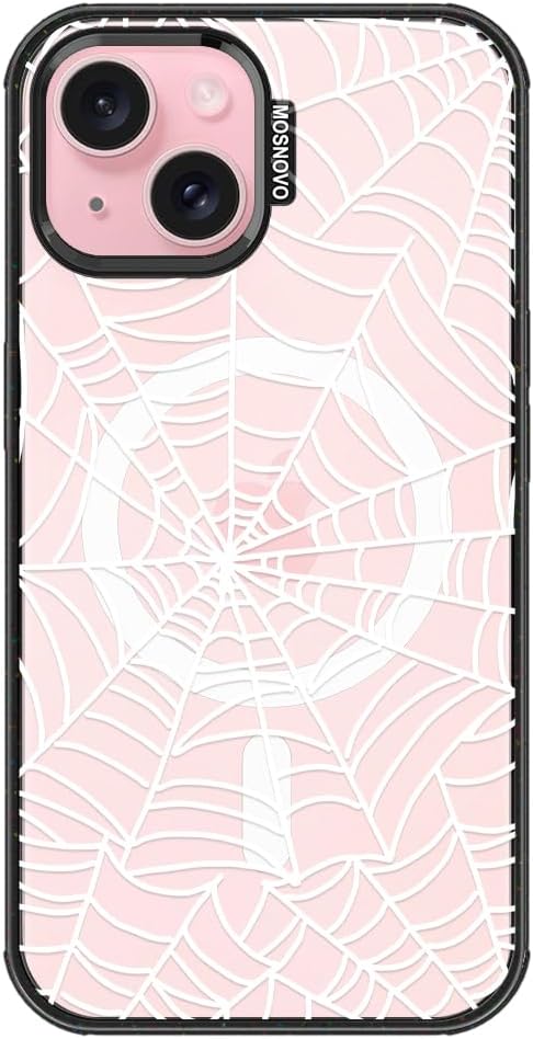 MOSNOVO Magnetic Case for iPhone 15, 10ft Military-Grade Protection, Compatible with Magsafe, Shockproof Phone Case for iPhone 15 - Spider Web - Clear Black-DeskLoop Office