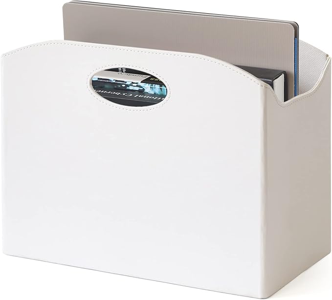 EZDeco Magazine Holder Foldable Magazine Rack Floor PU Leather File Holder Newspaper Book Storage Basket Document File Folder Organizer for Office Home (White-1)-DeskLoop Office