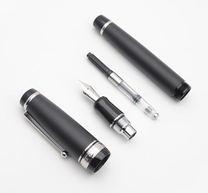 Metal Big Fountain Pen Set Medium Nib 0.7mm, Includes Ink Refill Converter, 5 Ink Cartridges & Gift Box (Medium Nib 0.7mm, Matte Black with Silvery Clip)-DeskLoop Office