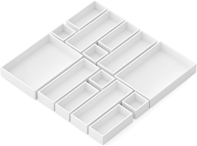 SpaceAid 14-Piece Bamboo Drawer Organizer Storage Boxes Set, Wood Tray Junk Drawer Organizers Multi-Use Divider Bins for Kitchen, Bathroom, Office Desk and Makeup Organization (14 Pack, White)-DeskLoop Office