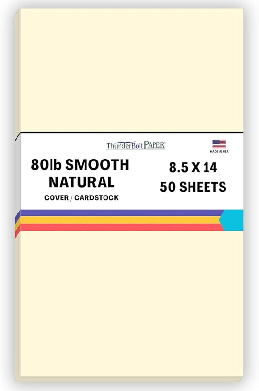 50 Natural Smooth Card Stock Sheets Paper - 8.5 X 14 Inches Legal|Menu Size - 80# (80 lb/Pound) Cover Weight - Quality Paper - Smooth Finish-DeskLoop Office