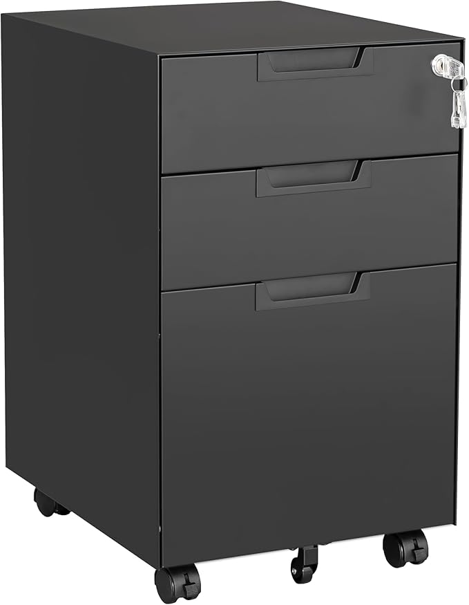 Letaya 3 Drawer Mobile File Cabinet with Lock,Under Desk Metal Small Filing Cabinets for Home Office Organizer Letters/Legal/A4(Fully Assembled Except Wheels-Black)-DeskLoop Office