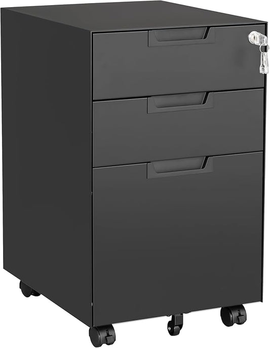 Letaya 3 Drawer Mobile File Cabinet with Lock,Under Desk Metal Small Filing Cabinets for Home Office Organizer Letters/Legal/A4(Fully Assembled Except Wheels-Black)-DeskLoop Office