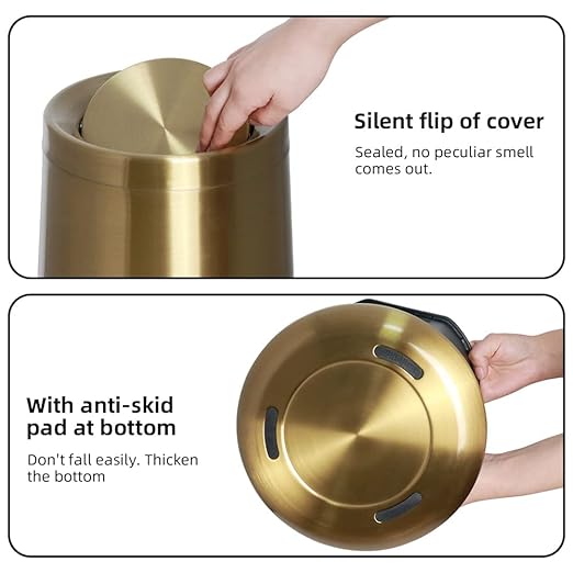 10 L/3 Gallen,Gold Small Trash Can for Bathroom,Brushed Stainless Steel Garbage Can with Flipping Lid,for Bathroom,Living Room,Bedroom,Hotel,Conference Room(Gold)-DeskLoop Office
