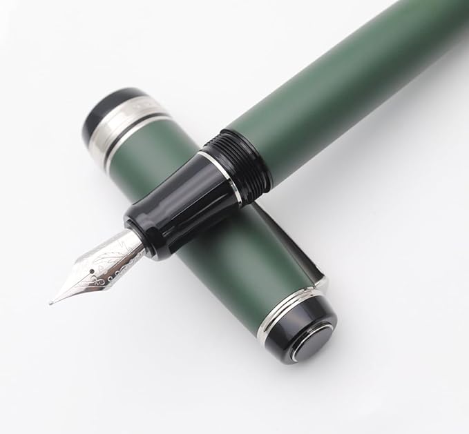 Metal Big Fountain Pen Set Medium Nib 0.7mm, Includes Ink Refill Converter, 5 Ink Cartridges & Gift Box (Medium Nib 0.7mm, Matte Green with Silvery Clip)-DeskLoop Office