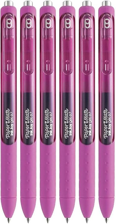 Paper Mate InkJoy Gel Pens, Berry Ink, Medium Point (0.7mm), 6 Count, Bundle with Plastic Reusable Pouch-DeskLoop Office