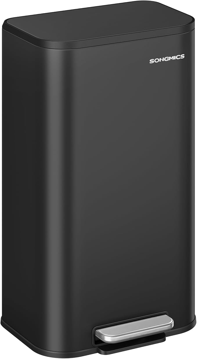 SONGMICS Kitchen Trash Can, 8-Gallon (30 L) Garbage Can with Lid, Stainless Steel, Soft Close and Stays Open, Inner Bucket, Wide Non-Slip Pedal, Ink Black ULTB546B01-DeskLoop Office