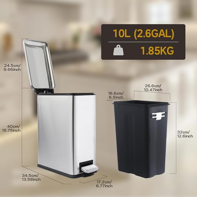 Bathroom Trash Can, 10 Liter / 2.6 Gallon Stainless Steel Garbage Can with Removable Inner Bucket, Soft Close Lid Step Trash Bin for Bedroom, Office, Kitchen, Brushed Silver-DeskLoop Office