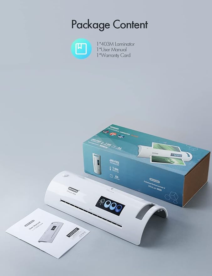 Laminator Machine, SINOPUREN Laminating Machine, Thermal Lamination 9-inch Quick 1min Warm-up JamFree-Tech Personal Lamination Work with 3mil 4mil 5mil Pouches, School/Office/Home use, White-DeskLoop Office