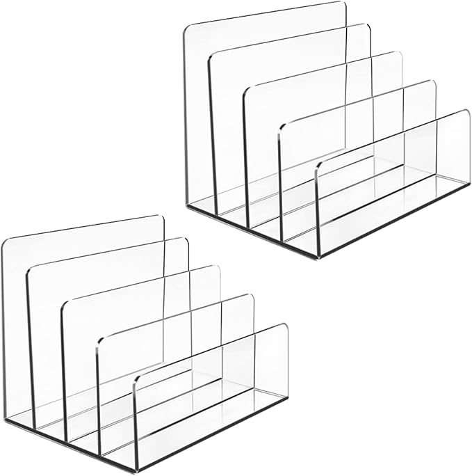 Acrylic Desk File Organizer 2 Pack, 4 Section Letter Organizer, Clear Folder Holder, Desktop File Holder for Document, Notebook and Newspaper, Clear Desk Storage Rack for Home and Office Use-DeskLoop Office