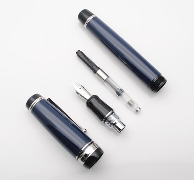 Metal Big Fountain Pen Set Medium Nib 0.7mm, Includes Ink Refill Converter, 5 Ink Cartridges & Gift Box (Medium Nib 0.7mm, Dark Blue with Silvery Clip)-DeskLoop Office
