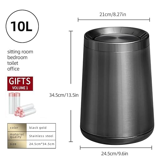 10 L/2.6Gallen,Swing Lid Trash Can,Brushed Stainless Steel Garbage Can with Flipping Lid,for Bathroom, Kitchen,Living Room,Bedroom,Hotel (Black Gold)-DeskLoop Office