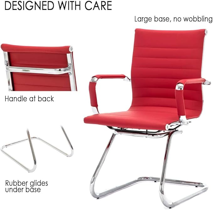 Office Desk Chair Set of 8,No Wheels PU Leather Computer Chairs Mid Back Guest Chairs with Seld Base for School/Reception/Conference/Waiting Room,Burgundy Red-DeskLoop Office