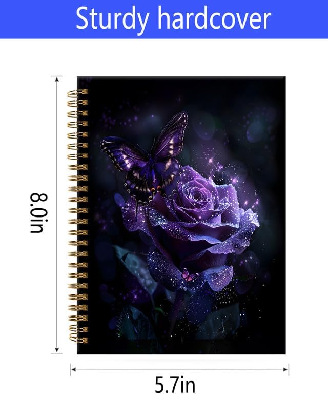 Spiral Journal Notebook,A5 Hardcover Lined Journals for Women 6 x 8.3 in,120 Pages Thick Paper,Cute College Ruled Writing Notebook for Gifts Office Work School(Sparkle Purple Butterfly Floral)-DeskLoop Office