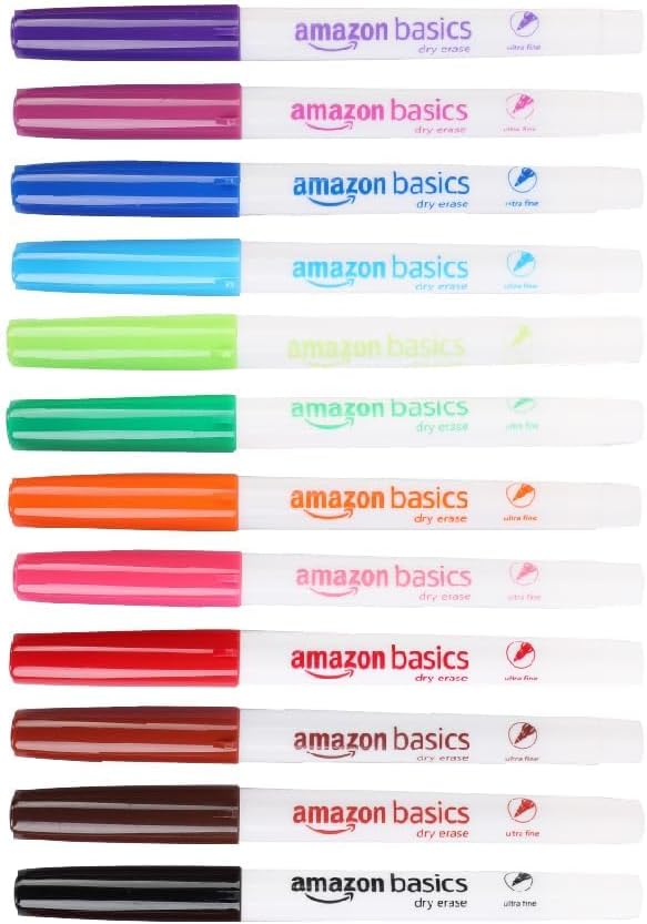 Amazon Basics Low Odor Ultra Fine Tip Dry Erase White Board Markers, Assorted Colors, 12-Pack