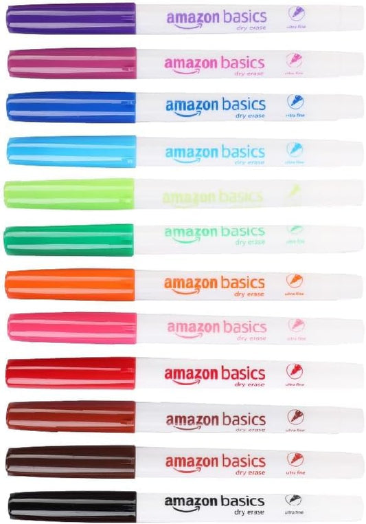Amazon Basics Low Odor Ultra Fine Tip Dry Erase White Board Markers, Assorted Colors, 12-Pack-DeskLoop Office