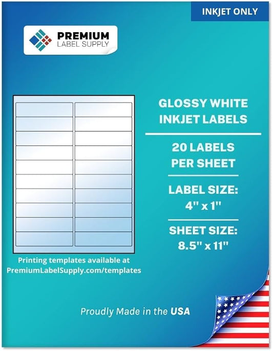 Premium Label Supply Glossy White Address Sticker Labels – 4" x 1" – (20 per Sheet) (Glossy White for Inkjet Only, 200 Labels)-DeskLoop Office