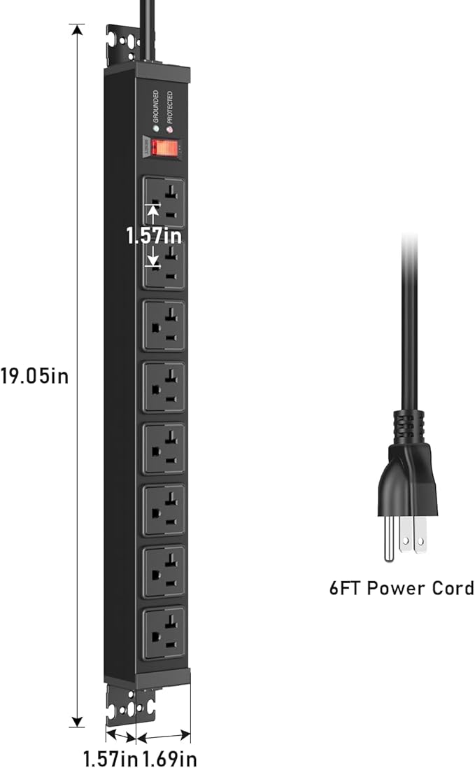 JUNNUJ 20 Amp Power Strip Heavy Duty 2 Pack, 4800J Surge Protector Metal Power Bar Multi Angle Mount, 20A Garage 8 Outlet Shop 6-20R T-Slot, 5-15P Adapter 12 Gauge Extension Cord 6ft for Appliance-DeskLoop Office