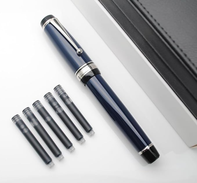 Metal Big Fountain Pen Set Medium Nib 0.7mm, Includes Ink Refill Converter, 5 Ink Cartridges & Gift Box (Medium Nib 0.7mm, Dark Blue with Silvery Clip)-DeskLoop Office