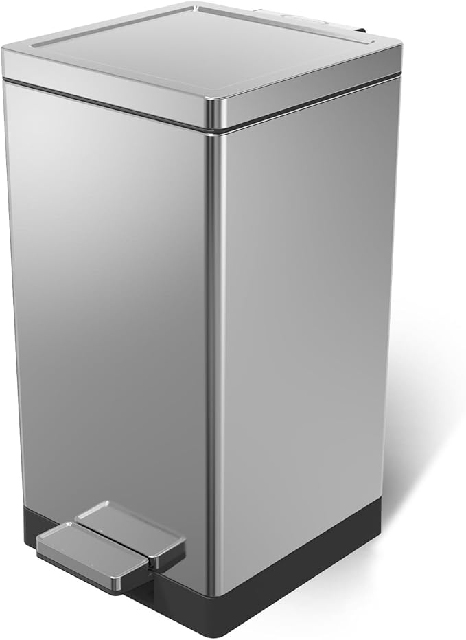 Trash Can with Lid - 30 Liter/8 Gallon Square Stainless Steel Trash Can with Odor Protection Kitchen Garbage Cans with Soft-Close Foot Pedal Step Bin for Bathroom Home Office Silver-DeskLoop Office