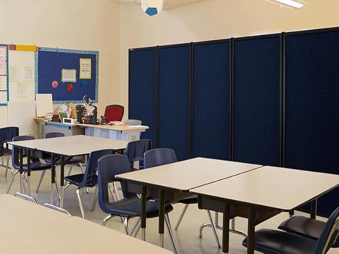 Upgrade Version Room Partition and Divider, Freestanding Rolling Dividers with Wheels,Office Privacy Screen Divider Wall,Classroom Felt Dividers,8'2"L* 6'7"H,4 Panel,Blue-DeskLoop Office