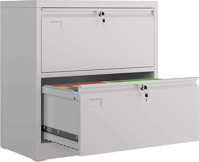 2 Drawer Lateral File Cabinet, Metal Wide Filing Cabinet with Independent Locks, Home Office Furniture for Hanging Files Letter/Legal/F4/A4 Size, Assembly Required, White-DeskLoop Office