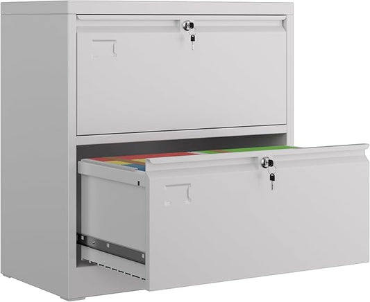 2 Drawer Lateral File Cabinet, Metal Wide Filing Cabinet with Independent Locks, Home Office Furniture for Hanging Files Letter/Legal/F4/A4 Size, Assembly Required, White-DeskLoop Office