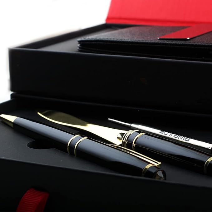 Free engraving - 24K Gold, Mens Leather Money Clips, Roller Ballpen, Ballpoint pen, Ball pen, Groomsmen Gift,Three Lines Each 20 Characters, Free Customization (Silver_Gift_Set)-DeskLoop Office