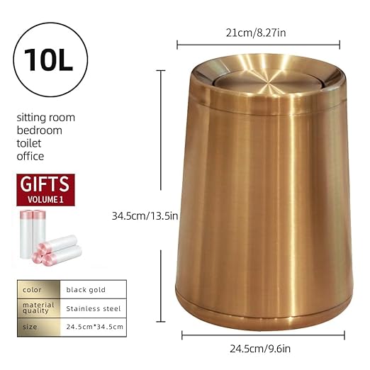 10 L/2.6Gallen,Swing Lid Gold Brass Trash Can,Brushed Nickel Garbage Can Bathroom with Flipping Lid,for Bathroom, Living Room,Bedroom,Hotel (Rose Gold)-DeskLoop Office