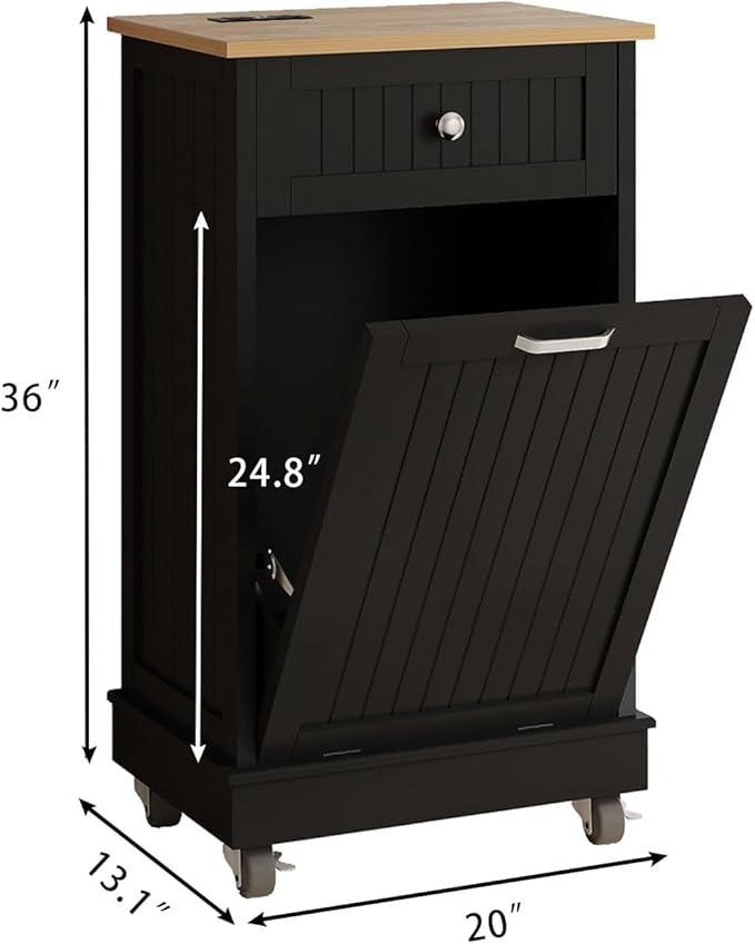 10 Gallon Tilt Out Trash Cabinet, Wooden Kitchen Trash Can Cabinet with Hideaway Drawer, Freestanding Laundry Hamper Garbage Recycling Cabinet on Wheels, Pet Proof, Single, Black-DeskLoop Office