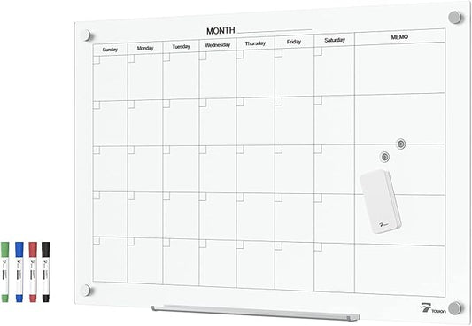 TOWON Tempered Glass Calendar Dry Erase Board for Wall, 3' x 2' Magnetic Whiteboard Calendar Planner for Office, Home, School Supplies, White, 36 x 24 Inches-DeskLoop Office