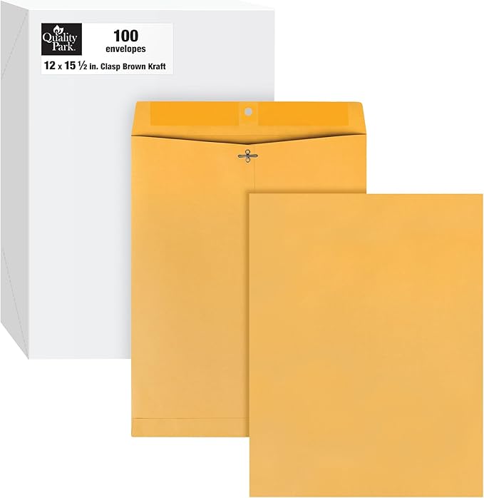 Quality Park 12 x 15-1/2 Clasp Envelopes, Clasp and Gummed Closures, for Oversized Papers, Drawings or Posters, 32 lb Kraft Paper, 100/Box (QUA37810)-DeskLoop Office