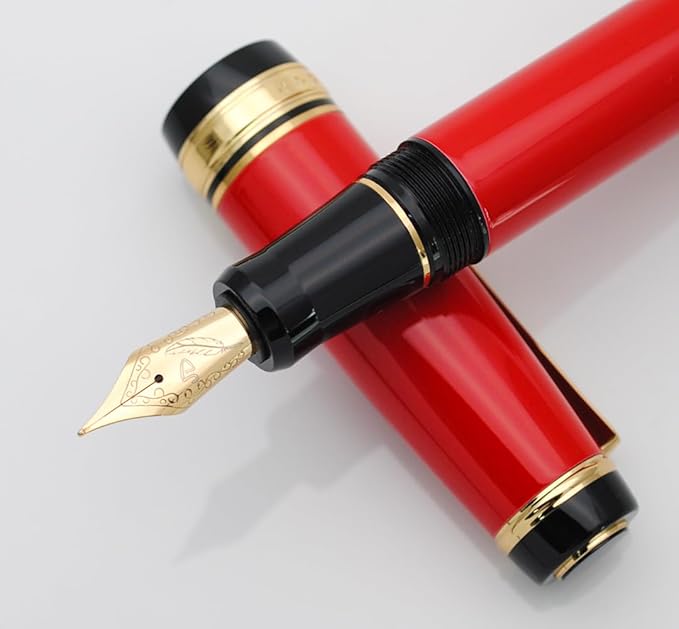 Metal Big Fountain Pen Set Medium Nib 0.7mm, Includes Ink Refill Converter, 5 Ink Cartridges & Gift Box (Medium Nib 0.7mm, Red)-DeskLoop Office