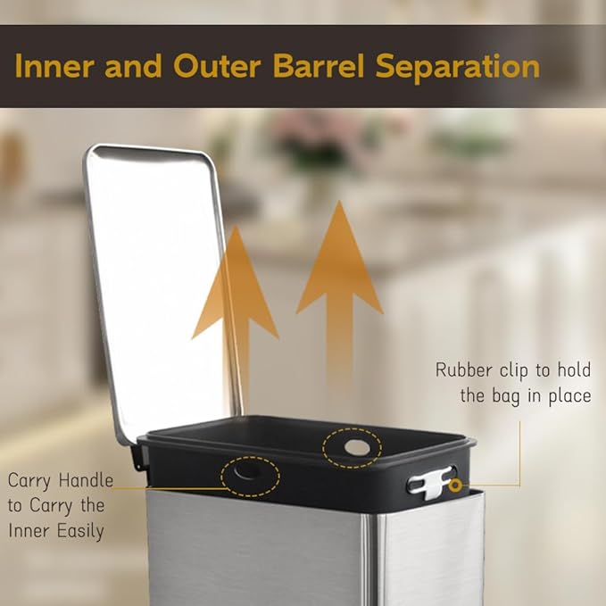 Bathroom Trash Can, 10 Liter / 2.6 Gallon Stainless Steel Garbage Can with Removable Inner Bucket, Soft Close Lid Step Trash Bin for Bedroom, Office, Kitchen, Brushed Silver-DeskLoop Office