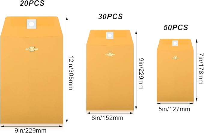 Zonon 100 Pieces 3 Sizes Clasp Envelopes Kraft Paper Catalog Clasp Envelope with Clasp Closure for Filing, Storing, Privacy Ensuring or Mailing Documents (9 x 12 Inch, 6 x 9 Inch, 5 x 7 Inch)-DeskLoop Office